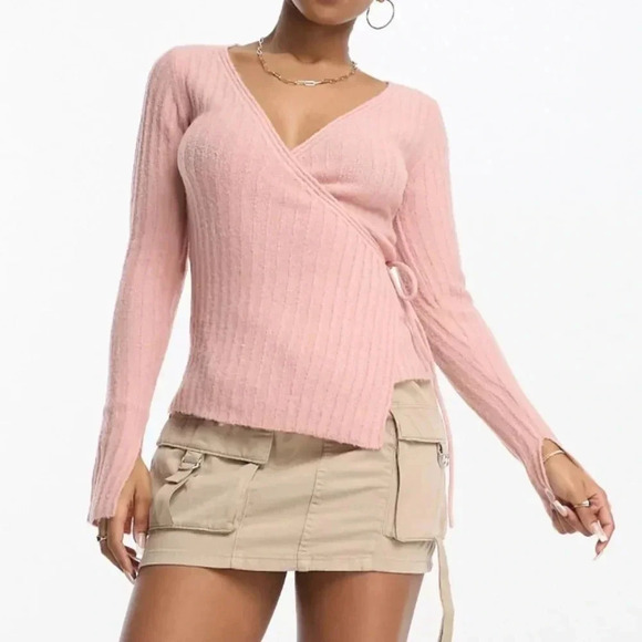 ASOS DESIGN Wrap Front Sweater in Rib in Dusky Pink Size 6 - Picture 1 of 8